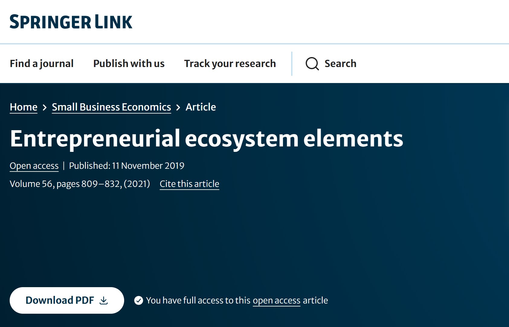 Entrepreneurial Ecosystem Elements. Small Business Economics.