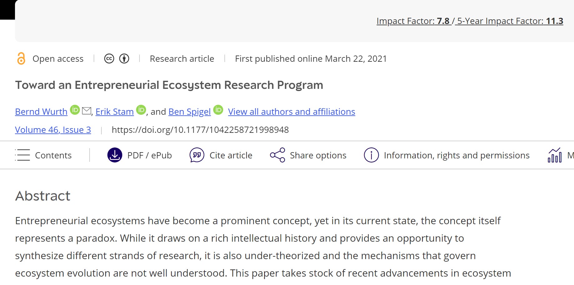 Toward an Entrepreneurial Ecosystem Research Program. Entrepreneurship Theory & Practice.